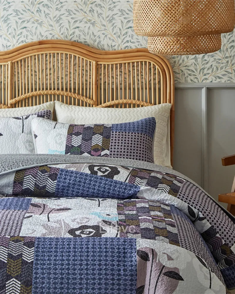 Floral Stripes Garden Style Navy Blue Quilt Set