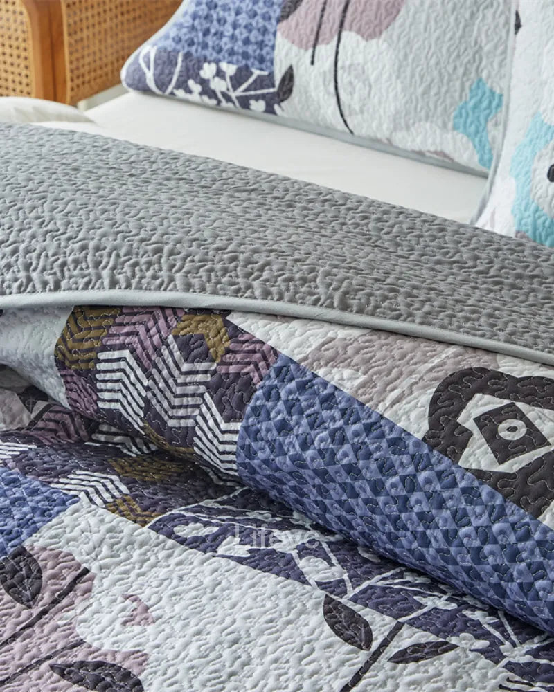 Floral Stripes Garden Style Navy Blue Quilt Set