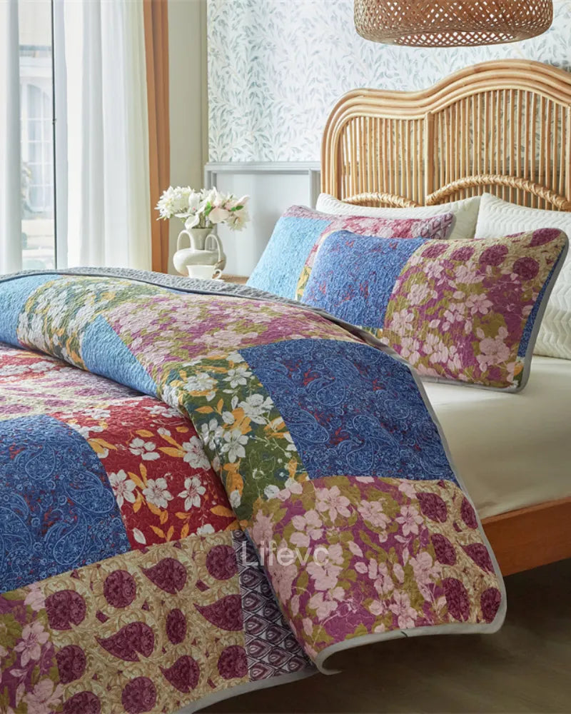 Floral Stripes Garden Style Sky Blue Quilt Set