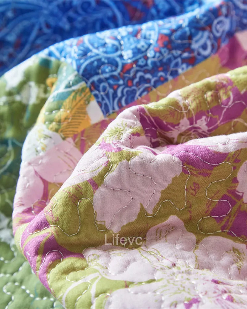 Floral Stripes Garden Style Sky Blue Quilt Set
