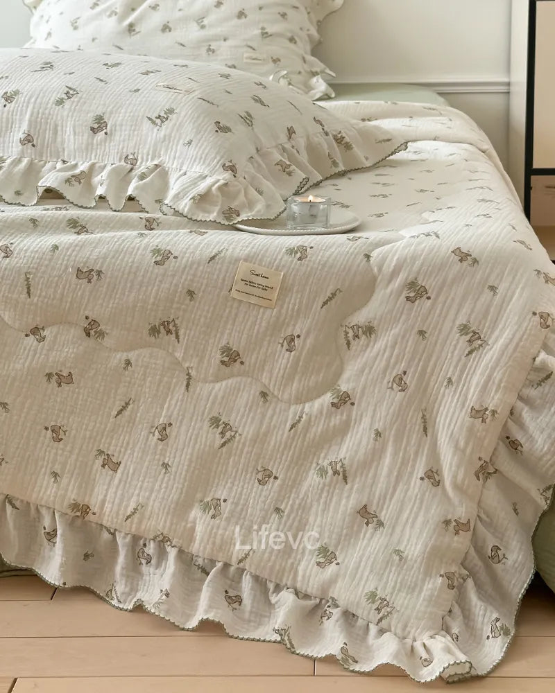 Gray Bunny 100% Cotton Muslin Baby Quilt with Ruffles and Cute Bunny Pattern
