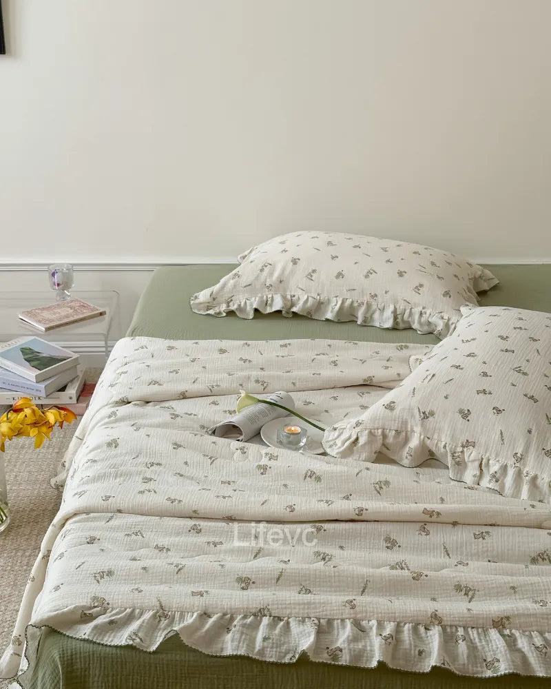 Gray Bunny 100% Cotton Muslin Baby Quilt with Ruffles and Cute Bunny Pattern