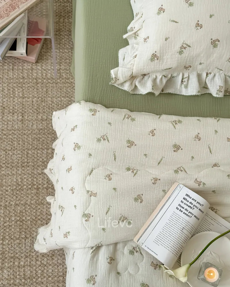 Gray Bunny 100% Cotton Muslin Baby Quilt with Ruffles and Cute Bunny Pattern