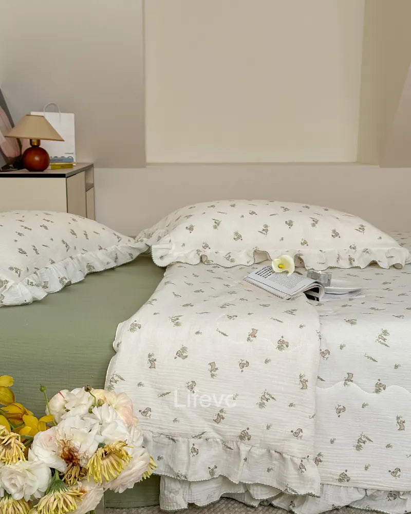 Gray Bunny 100% Cotton Muslin Baby Quilt with Ruffles and Cute Bunny Pattern