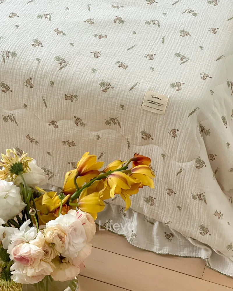 Gray Bunny 100% Cotton Muslin Baby Quilt with Ruffles and Cute Bunny Pattern