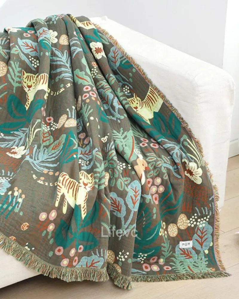 LC Elegant Green Cotton Floral Bedding Soft Blanket