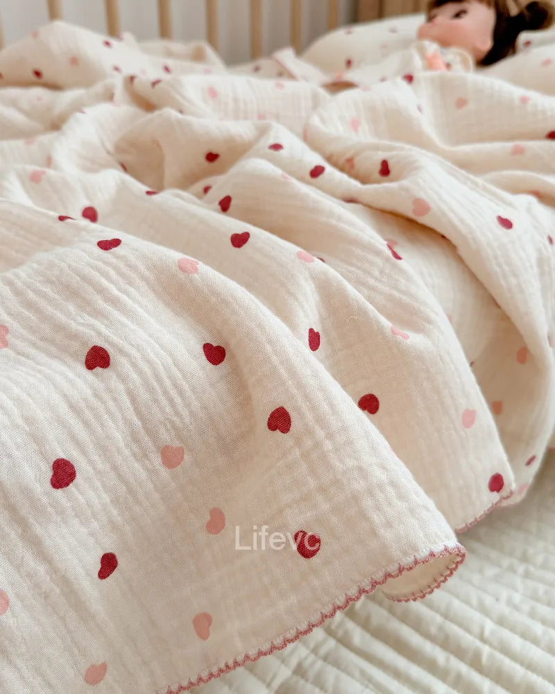 LC Soft Beige Heart Pattern Thin Nap Muslin Baby Blankets