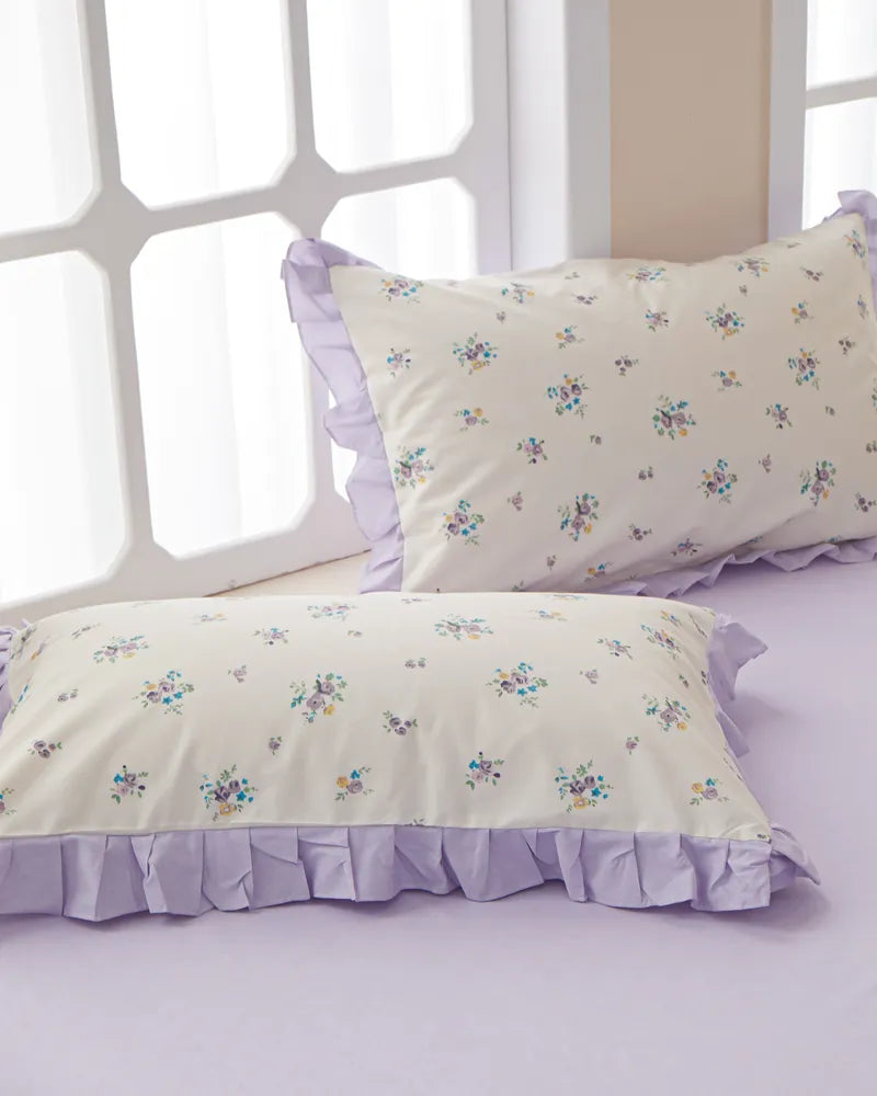 Lilac Whisper Elegant Floral Ruffled 100% Cotton Duvet Cover Set