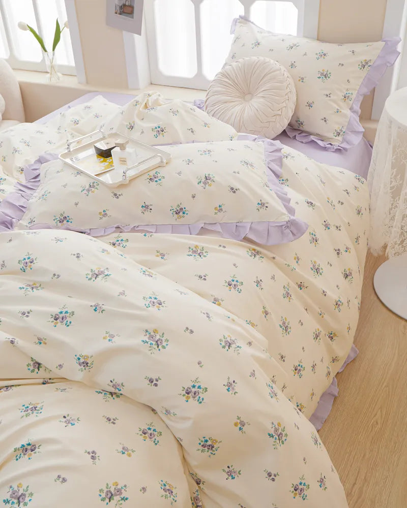 Lilac Whisper Elegant Floral Ruffled 100% Cotton Duvet Cover Set