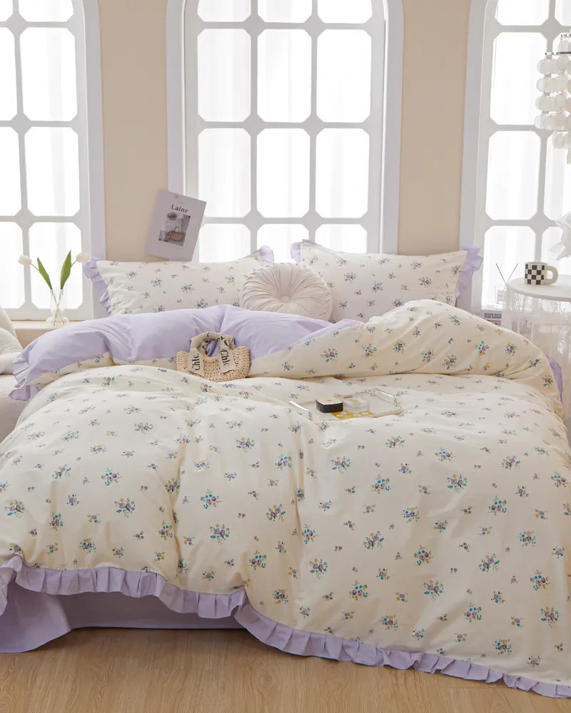 Lilac Whisper Elegant Floral Ruffled 100% Cotton Duvet Cover Set