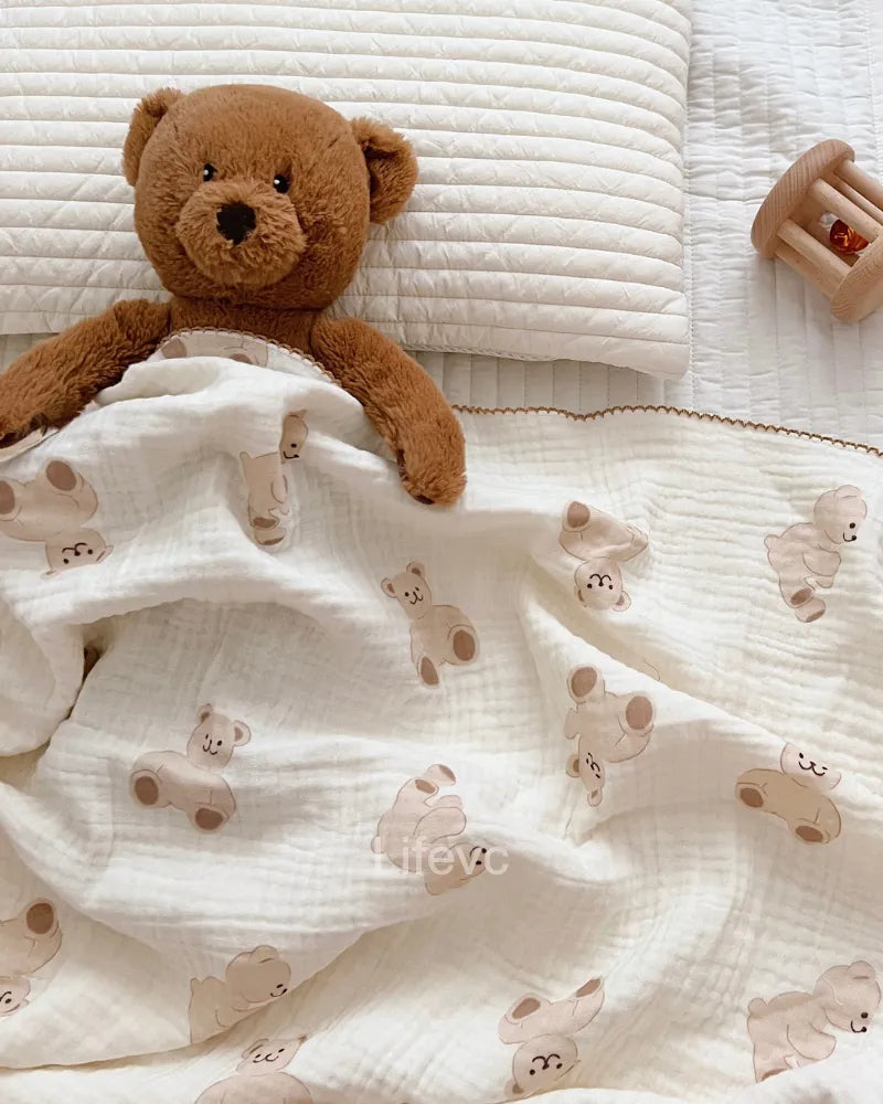 Little Cocoa Snuggle Cute Bear 100% Cotton Muslin Baby Blanket