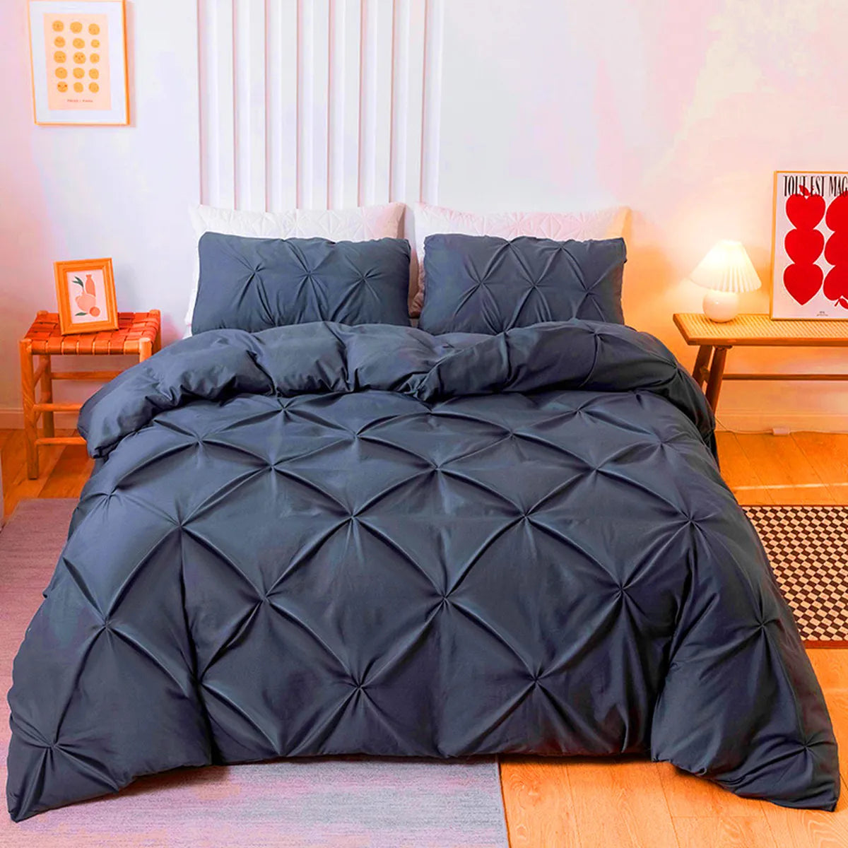 Midnight Comfort Solid Color Pleated Minimalist Duvet Cover Set