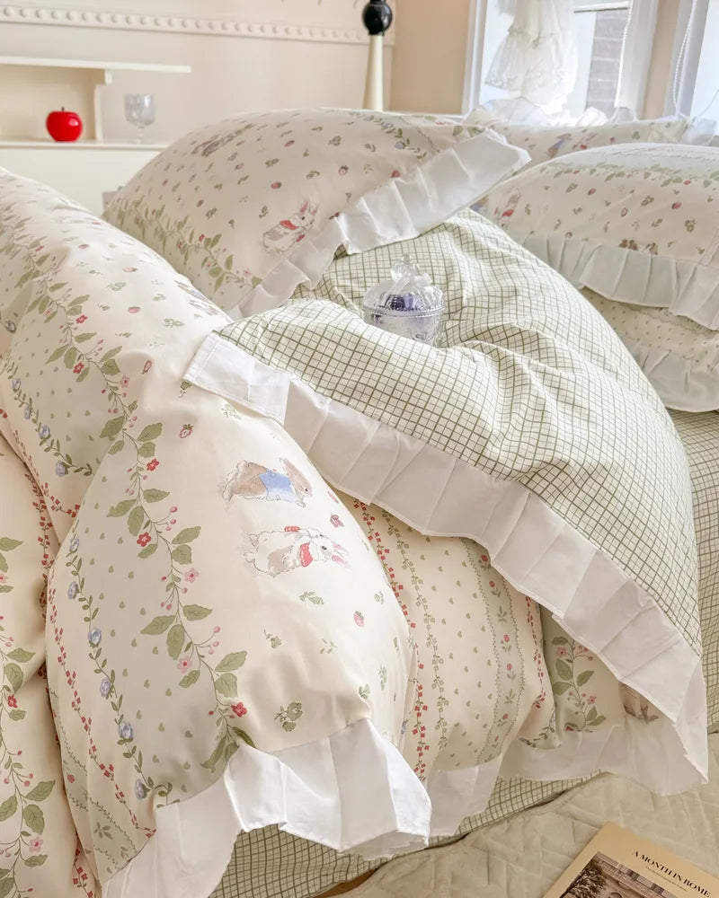 Minty Breeze Floral Ruffled Vintage Chic Comforter Set