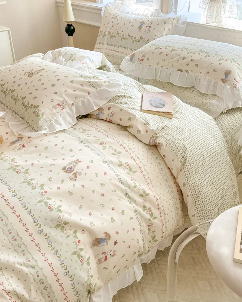 Minty Breeze Floral Ruffled Vintage Chic Comforter Set