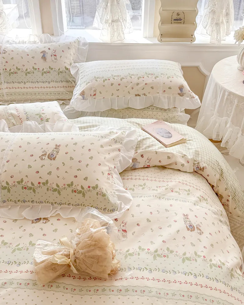 Minty Breeze Floral Ruffled Vintage Chic Comforter Set