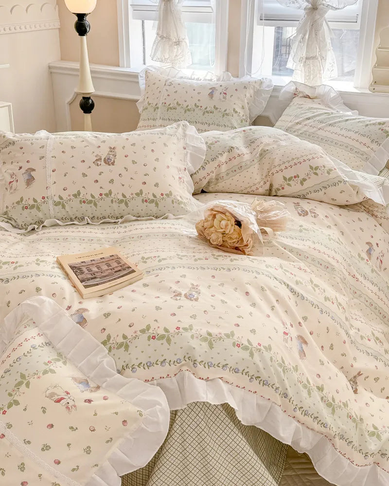 Minty Breeze Floral Ruffled Vintage Chic Comforter Set