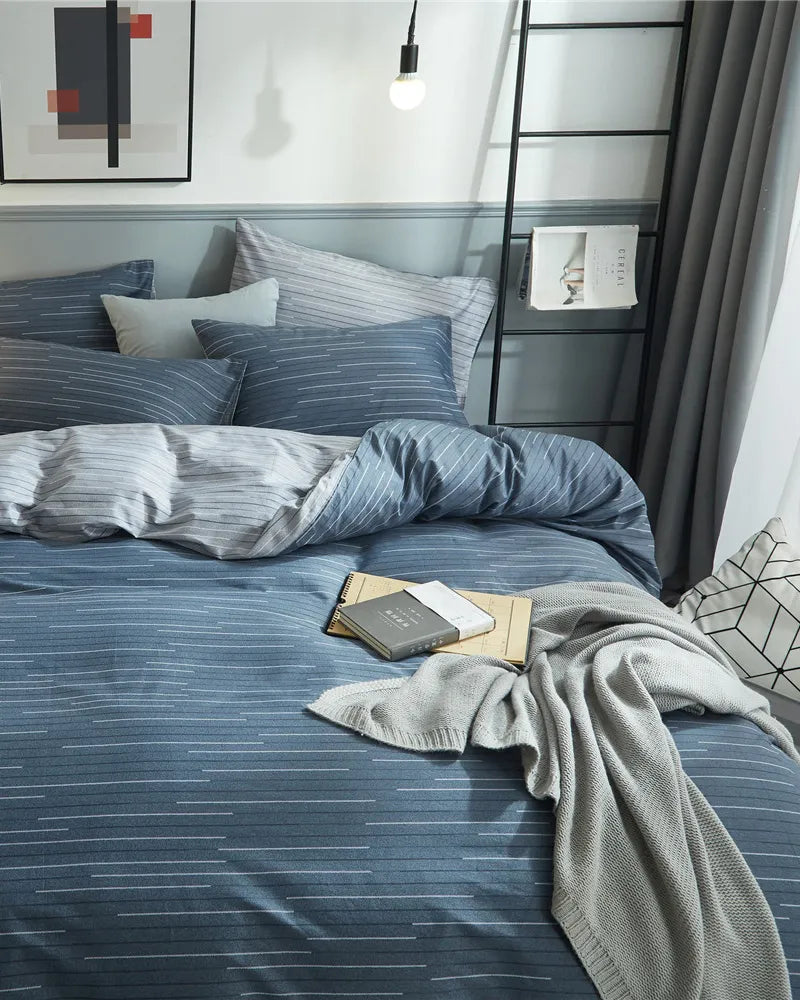 Ocean Stripes Durable Blue 100% Cotton Duvet Cover Set