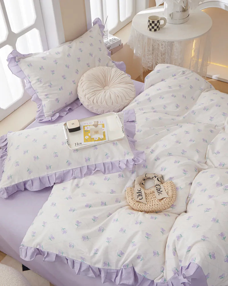 Pastel Elegance Purple 100% Cotton Soft Ruffled Duvet Cover Set