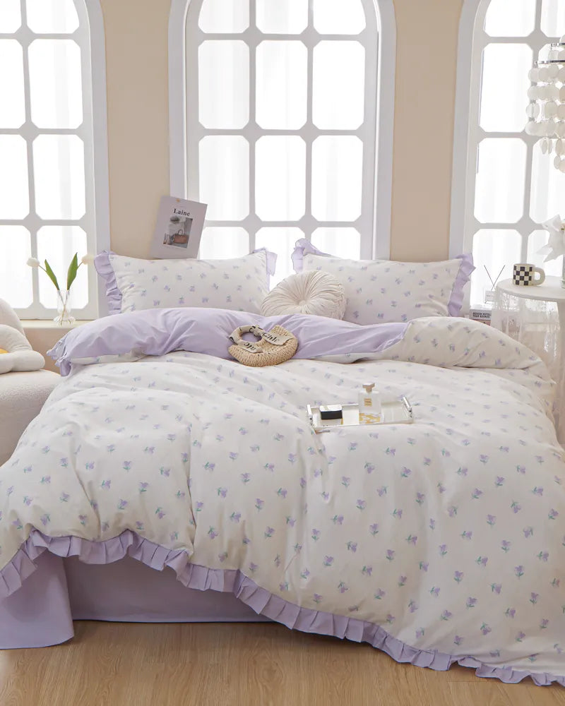 Pastel Elegance Purple 100% Cotton Soft Ruffled Duvet Cover Set