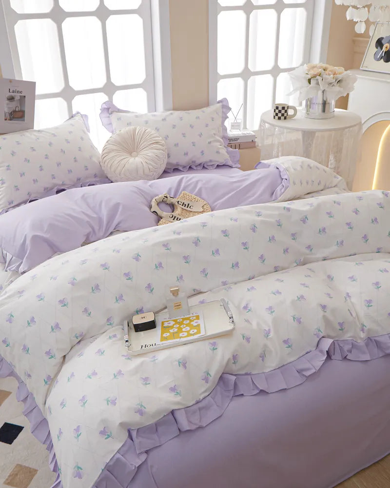 Pastel Elegance Purple 100% Cotton Soft Ruffled Duvet Cover Set