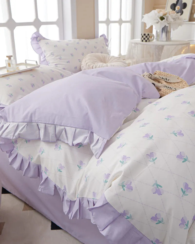 Pastel Elegance Purple 100% Cotton Soft Ruffled Duvet Cover Set