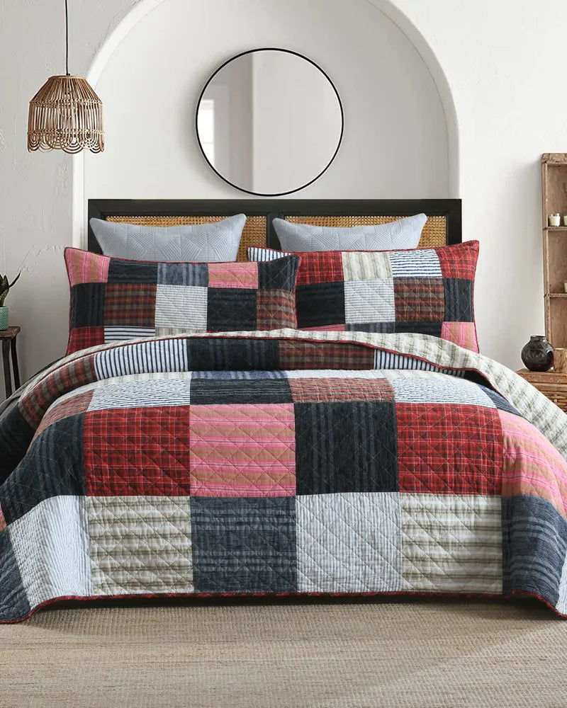 Plaid Harmony 100% Cotton Bohemian Geometric Patchwork Quilt Set