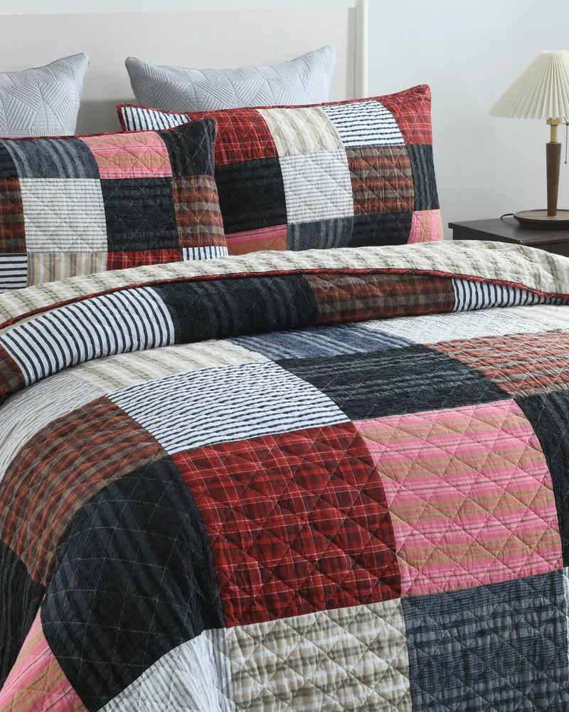 Plaid Harmony 100% Cotton Bohemian Geometric Patchwork Quilt Set