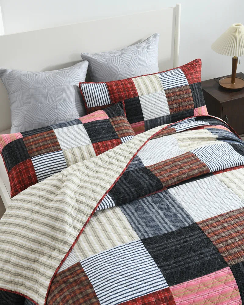 Plaid Harmony 100% Cotton Bohemian Geometric Patchwork Quilt Set