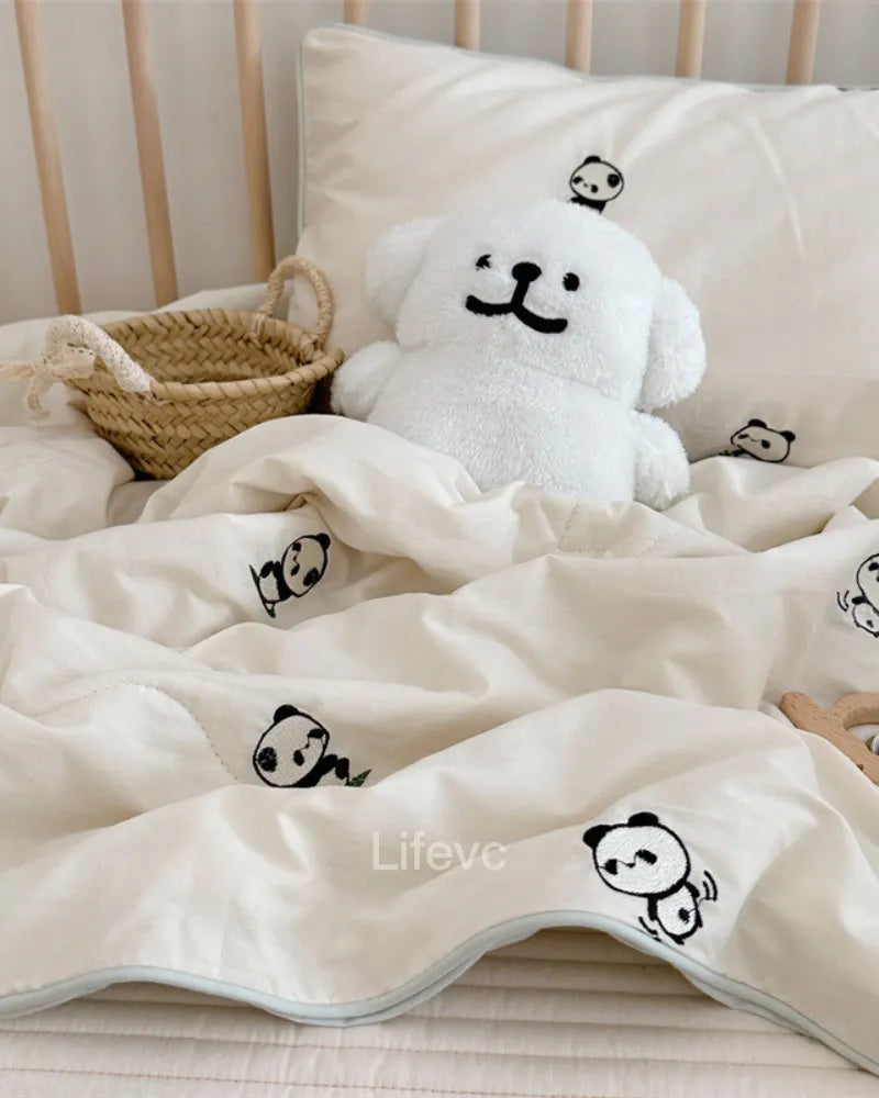 Playful Panda Cute 100% Washed Muslin Quilt with Piped Edges Baby Quilt