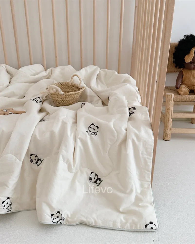 Playful Panda Cute 100% Washed Muslin Quilt with Piped Edges Baby Quilt