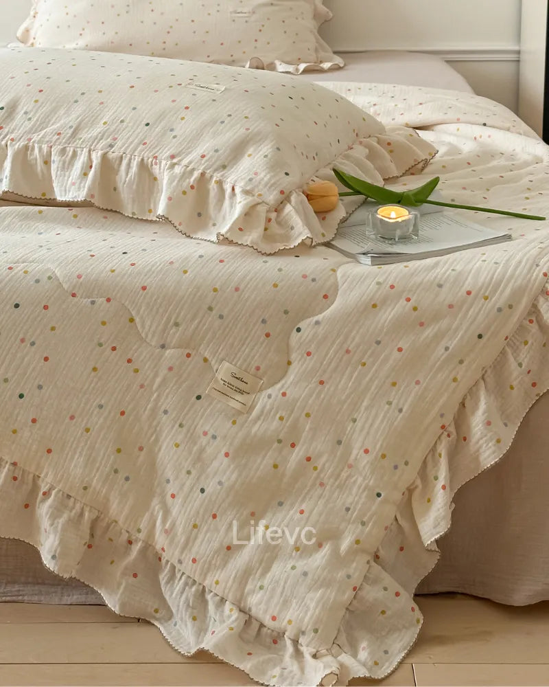 Rainbow Dots Soft and Cute 100% Cotton Muslin Ruffled Quilt Baby Quilt
