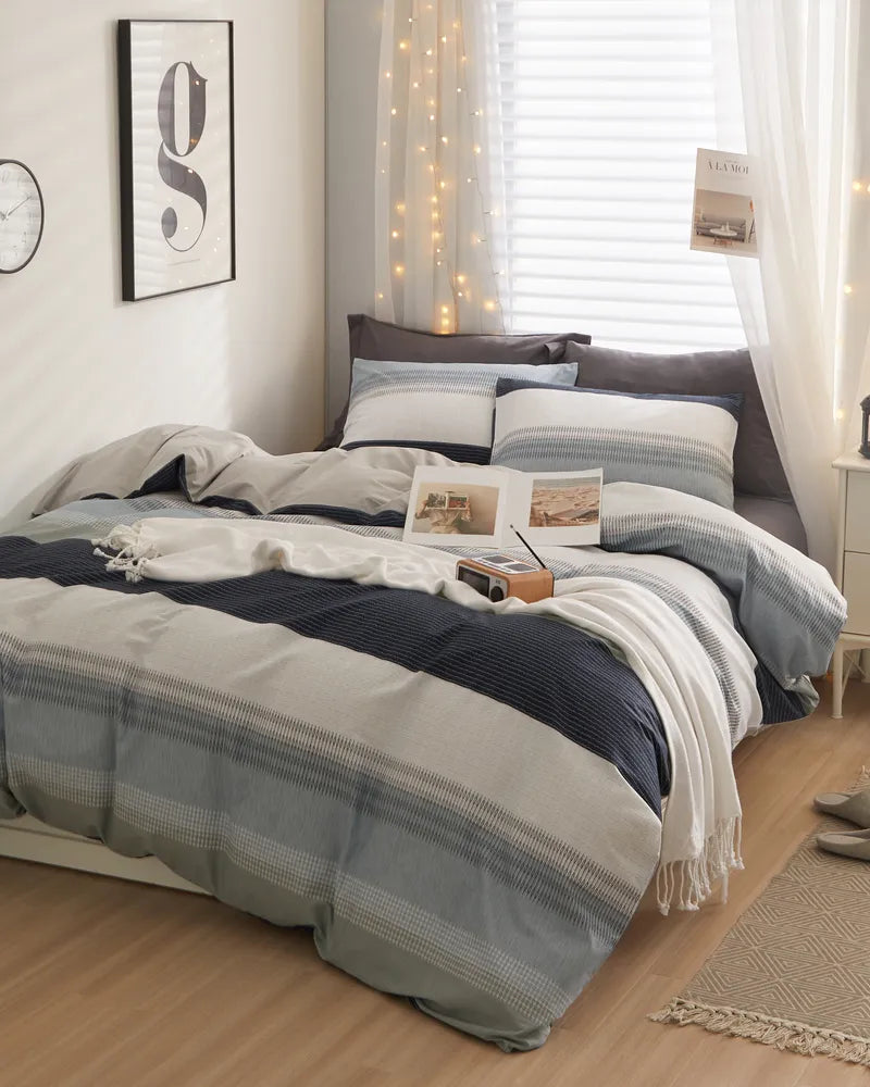 Seaside Glows Comfortable Striped 100% Cotton Duvet Cover Set