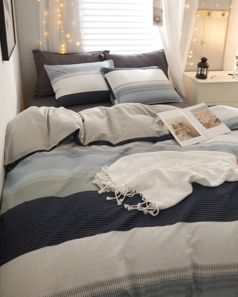 Seaside Glows Comfortable Striped 100% Cotton Duvet Cover Set