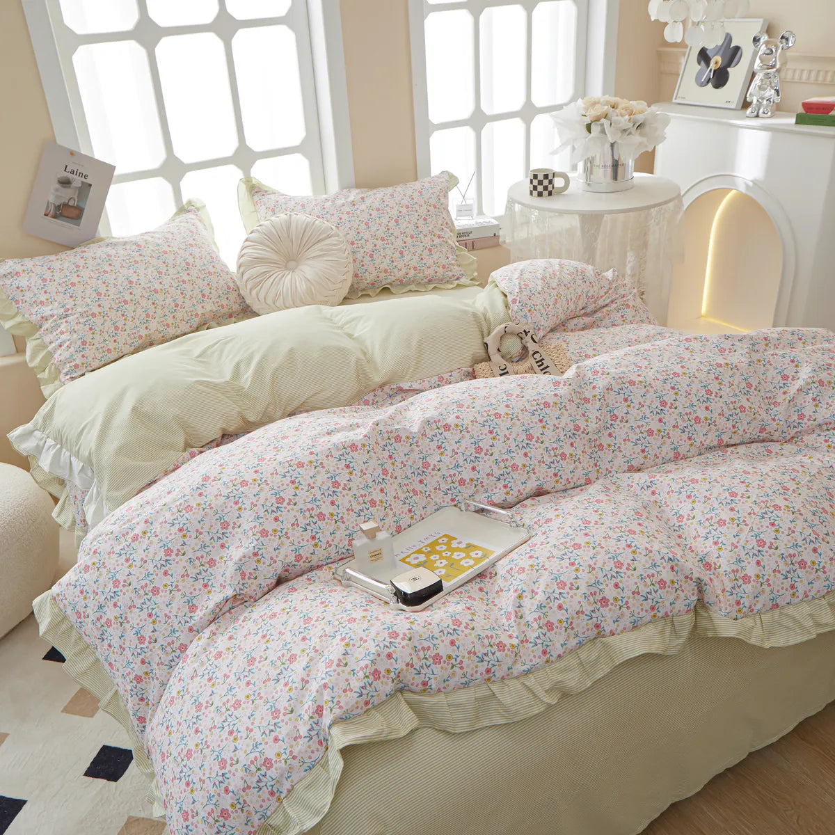 Floral Yellow Ruffled Duvet Cover Set