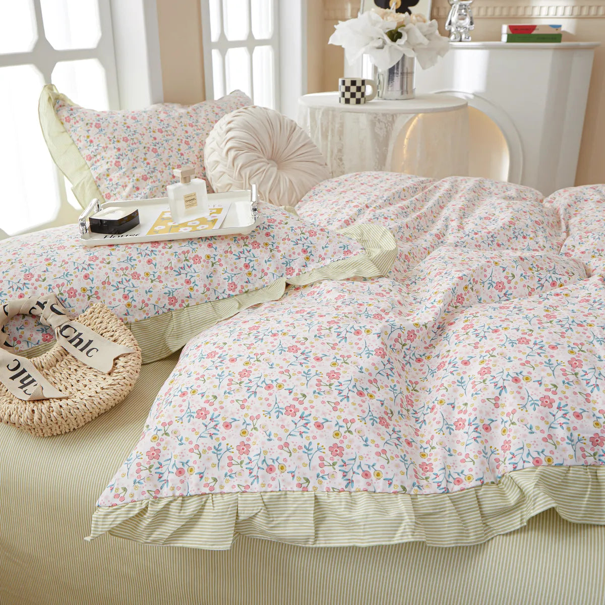 Floral Yellow Ruffled Duvet Cover Set