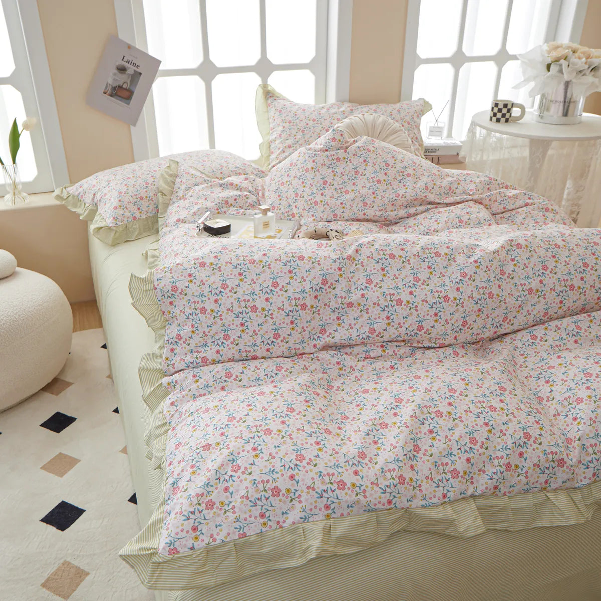 SpringCharm Soft 100% Cotton Floral Yellow Ruffled Duvet Cover Set