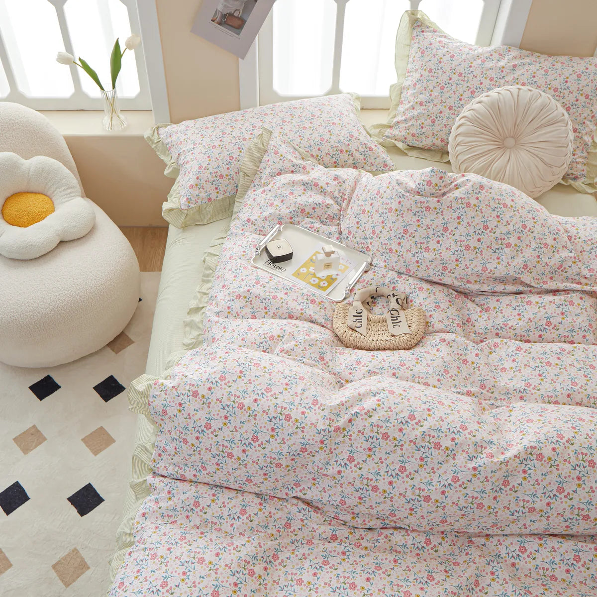 Floral Yellow Ruffled Duvet Cover Set