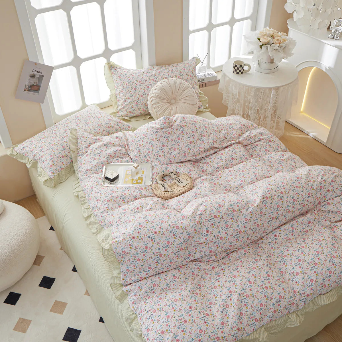 SpringCharm Soft 100% Cotton Floral Yellow Ruffled Duvet Cover Set