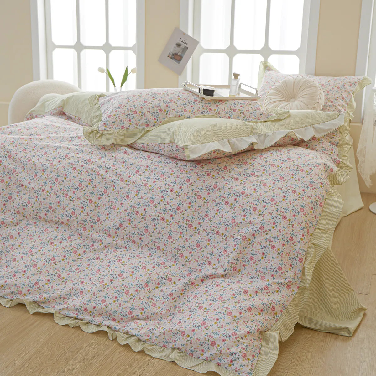 SpringCharm Soft 100% Cotton Floral Yellow Ruffled Duvet Cover Set