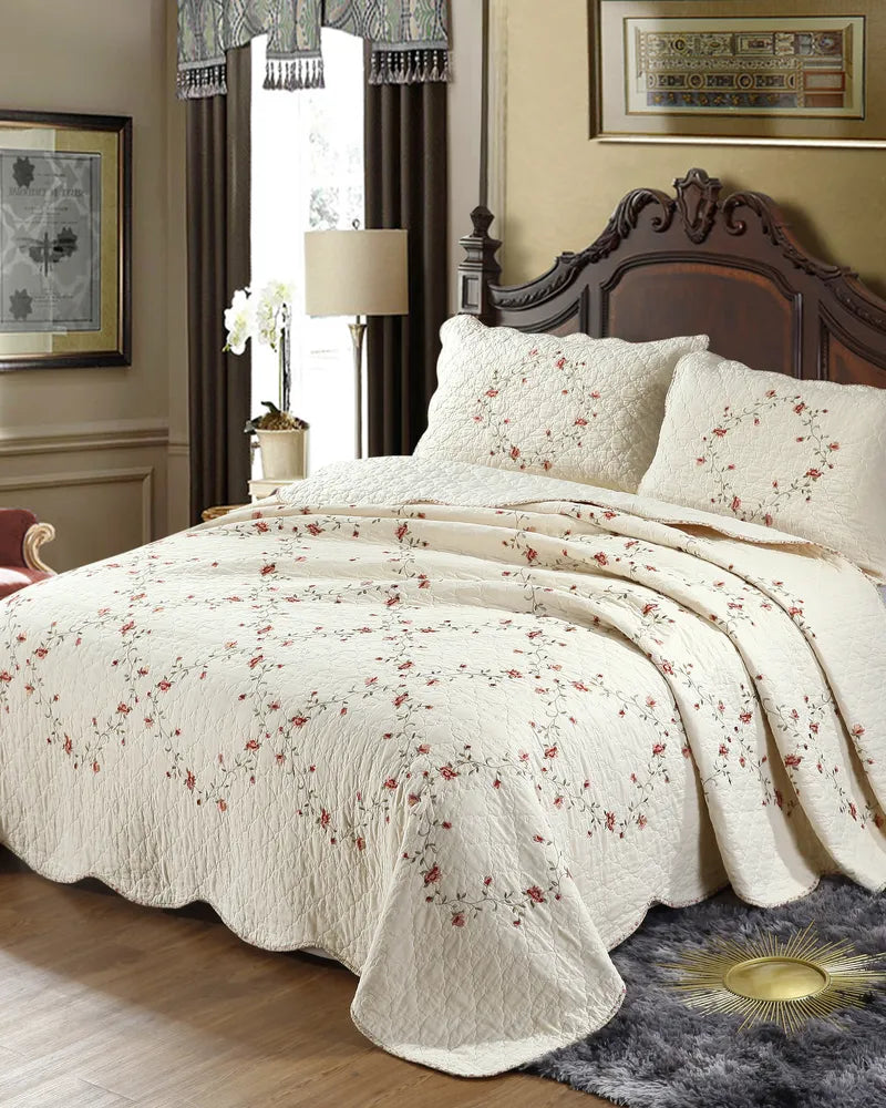 Starry Blossom Floral Embroidered Elegant Quilt Set