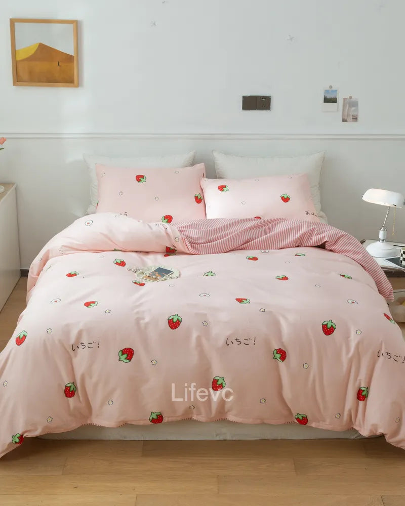 Sweet Snuggles Cute Strawberry 100% Cotton Duvet Cover Set