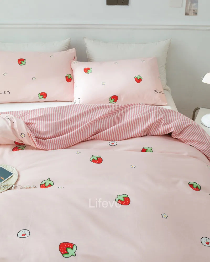 Sweet Snuggles Cute Strawberry 100% Cotton Duvet Cover Set