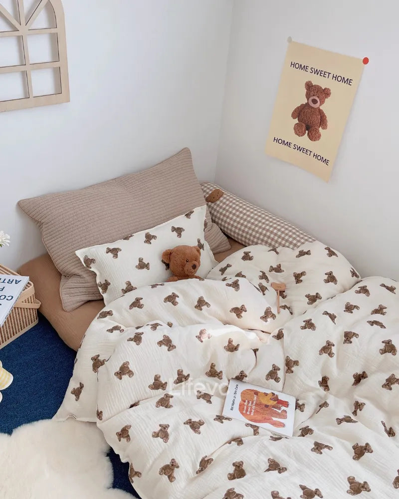 Teddy Dreams Zippered Ruffled 100% Cotton Muslin Baby Duvet Cover