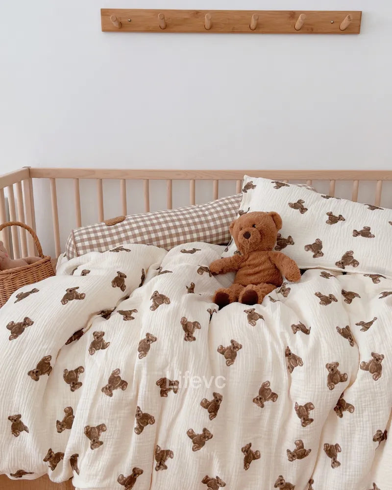 Teddy Dreams Zippered Ruffled 100% Cotton Muslin Baby Duvet Cover
