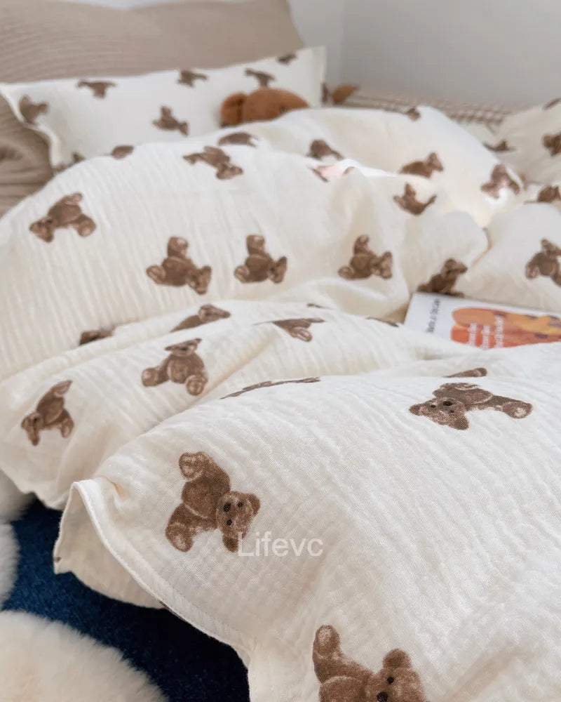 Teddy Dreams Zippered Ruffled 100% Cotton Muslin Baby Duvet Cover